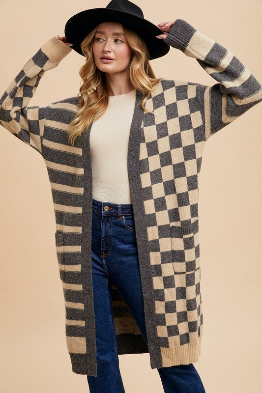 Annie Wear Checkered & Striped Open Front Long Sleeve Cardigan