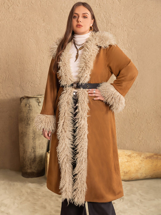 Plus Size Furry Trim Open Front Long Sleeve Coat