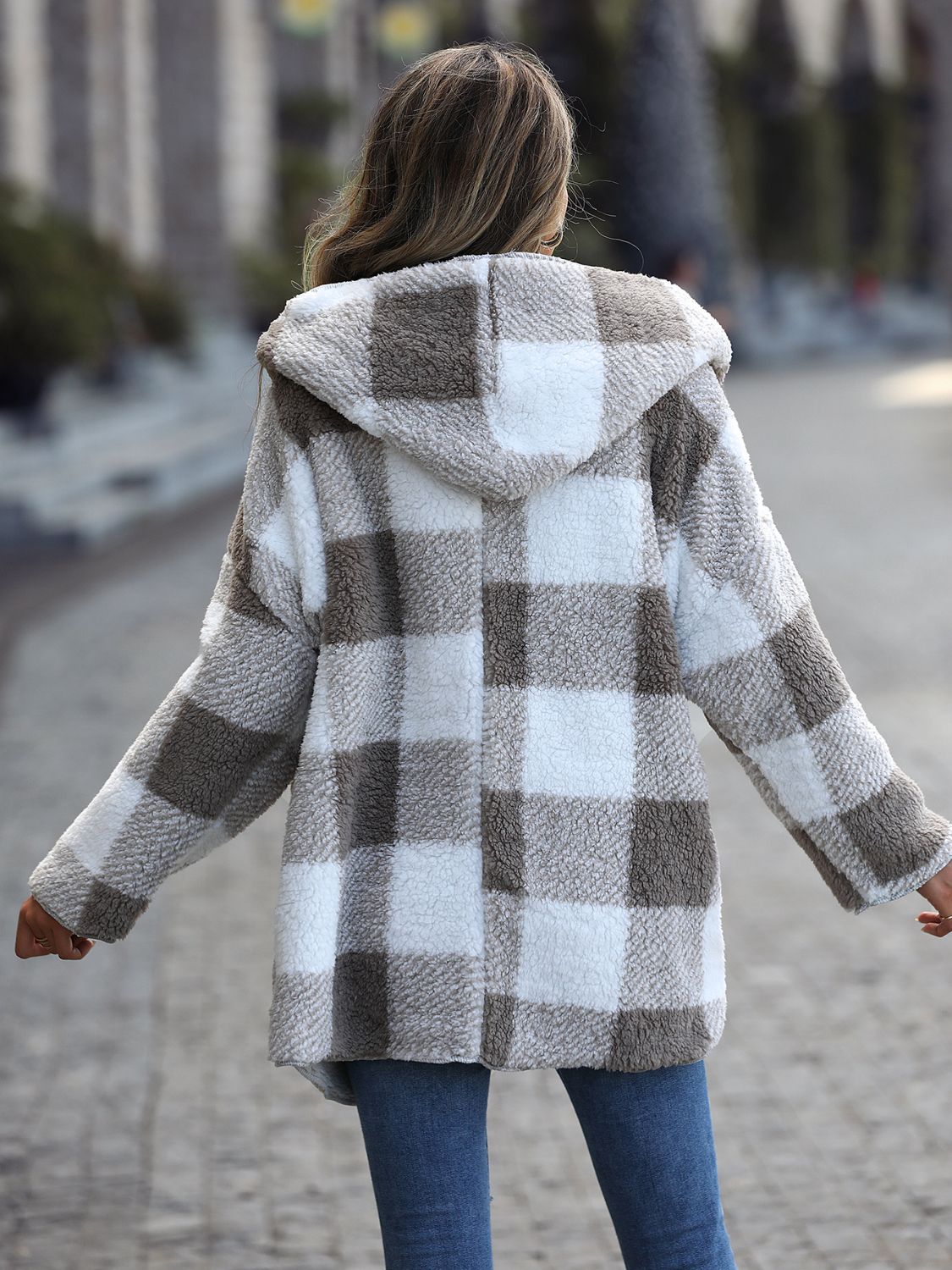 Plaid Open Front Hooded Coat