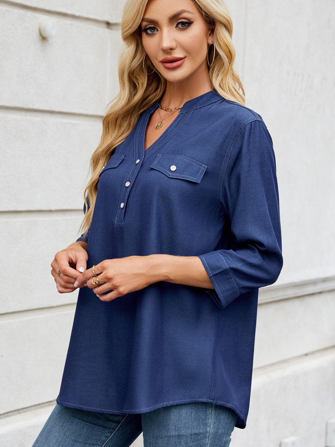 Notched Three-Quarter Sleeve Denim Top