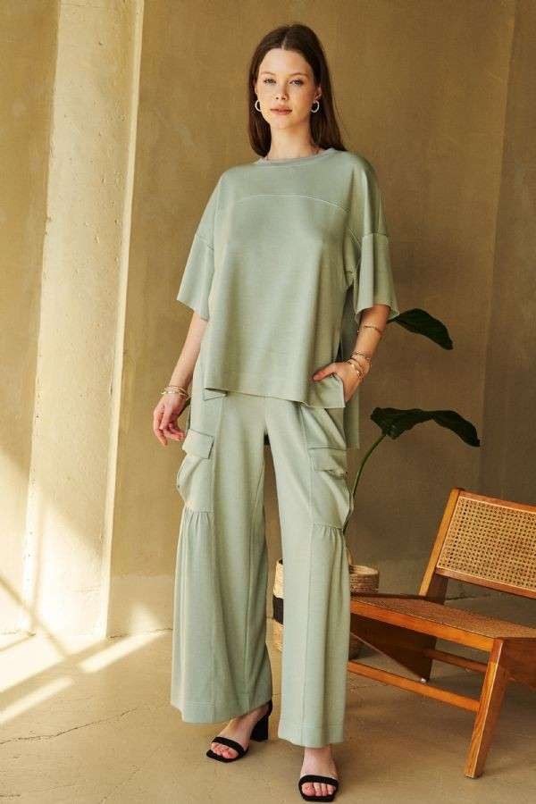 Davi & Dani Drawstring Ruched Detail Wide Leg Pants