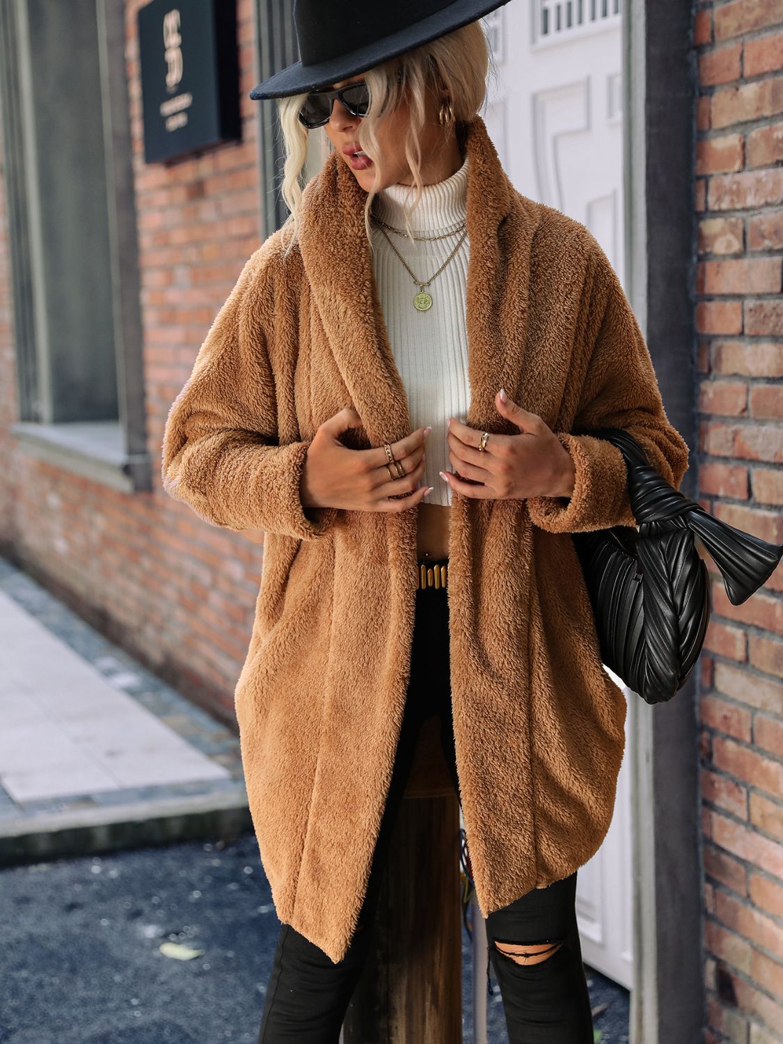 Open Front Hooded Teddy Coat