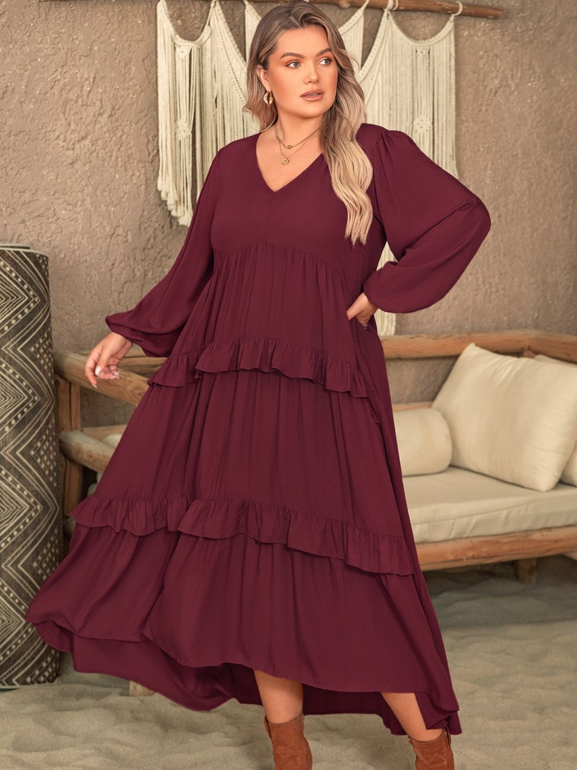 Plus Size Ruffled V-Neck Long Sleeve Dress