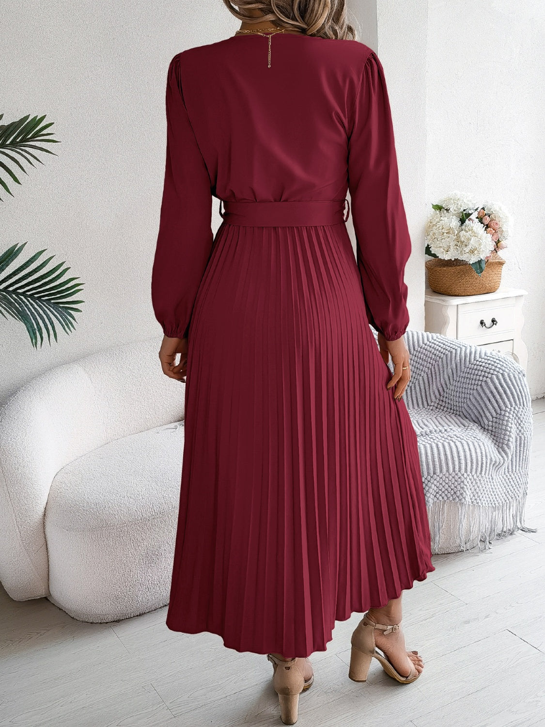 Pleated Tied V-Neck Long Sleeve Dress