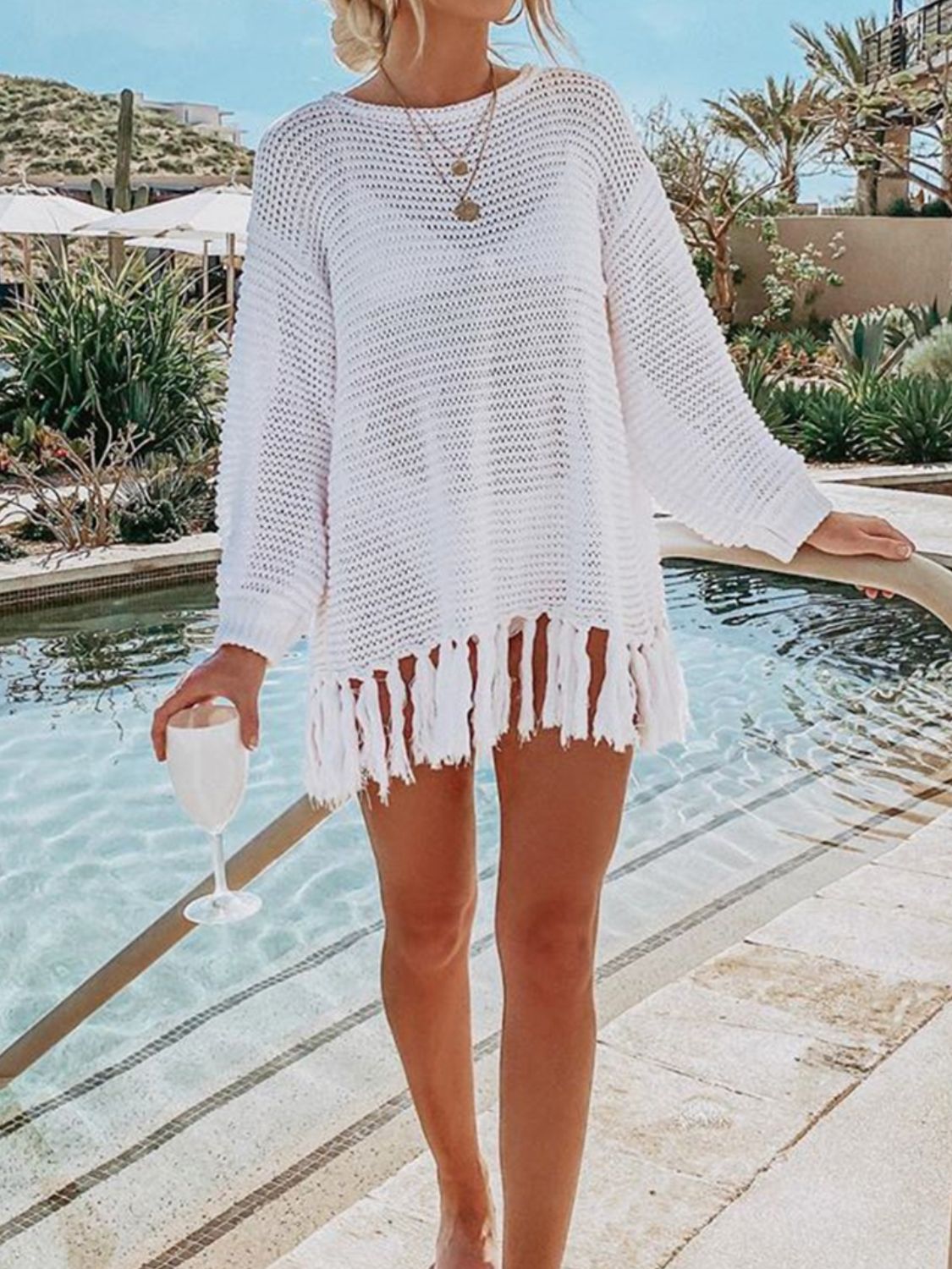 Angel Wings Openwork Tassel Hem Long Sleeve Knit Cover Up