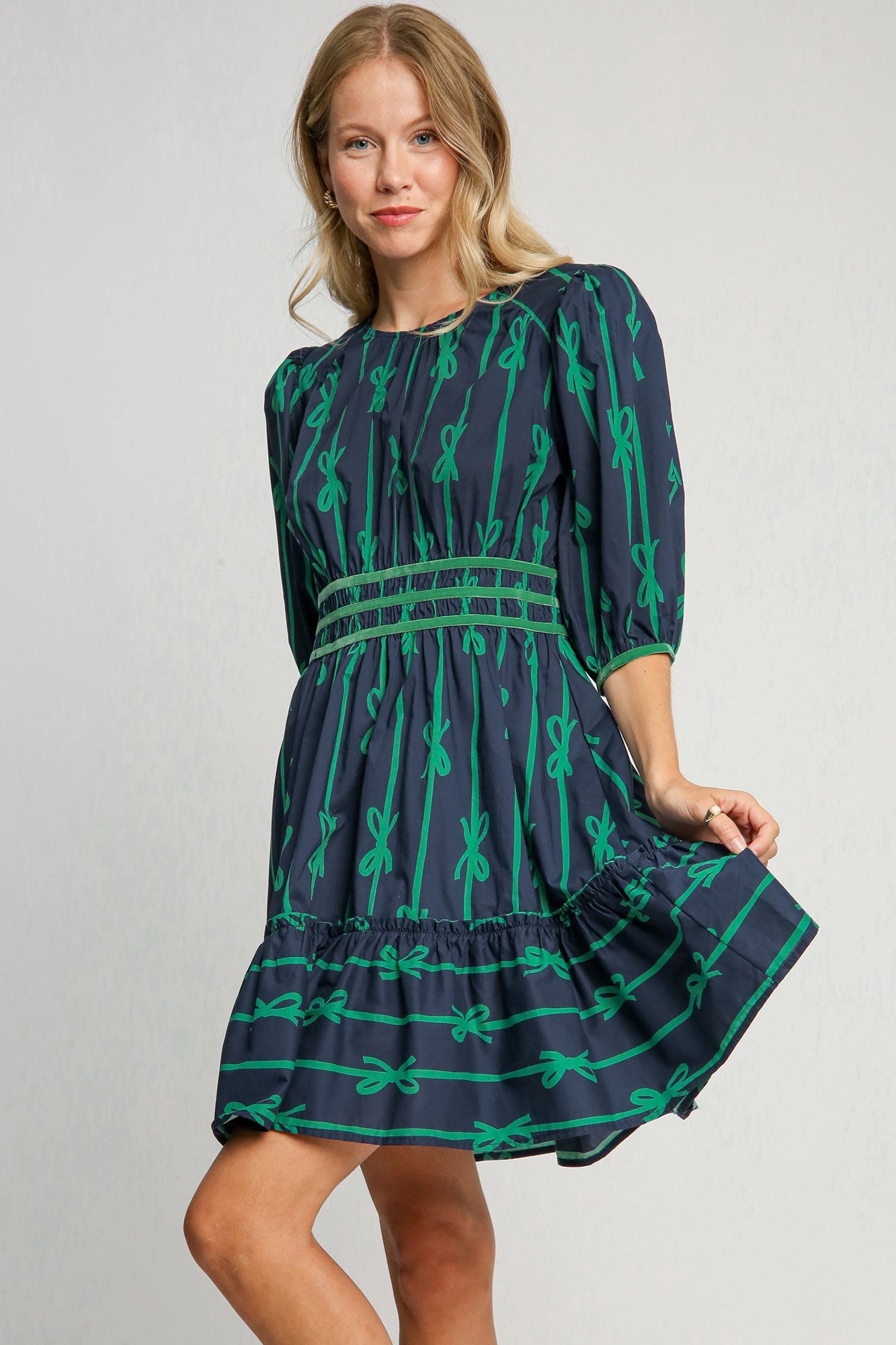 Umgee Ribbon Print Frill Contrast Velvet Trim Half Sleeve Dress