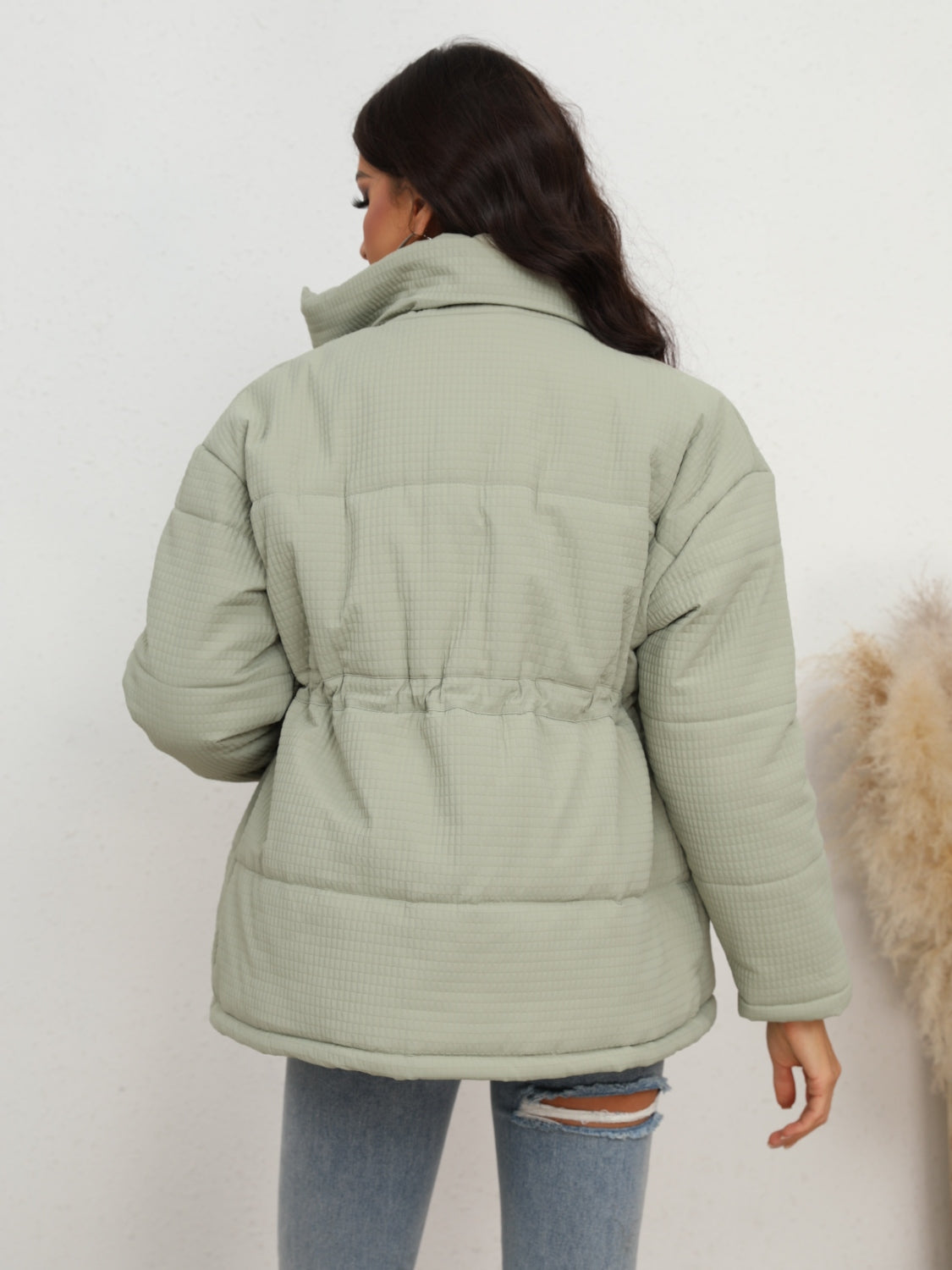 Drawstring Waist Zip-Up Puffer Jacket