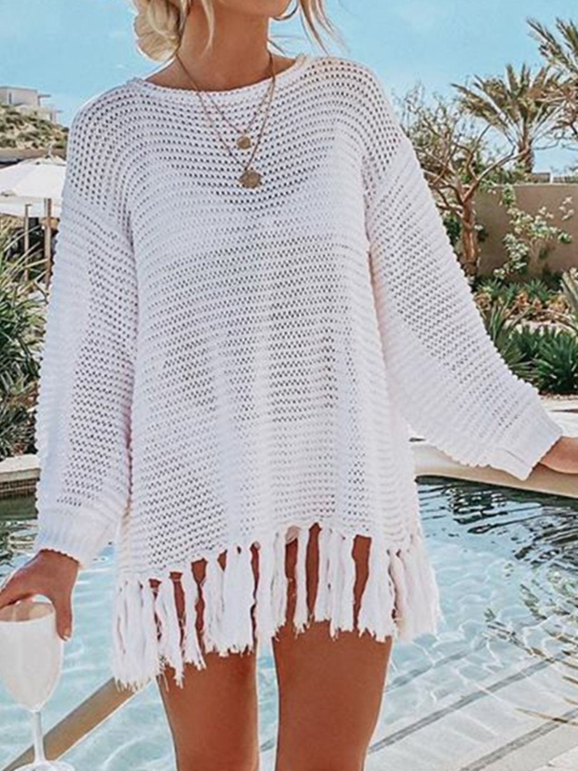 Angel Wings Openwork Tassel Hem Long Sleeve Knit Cover Up