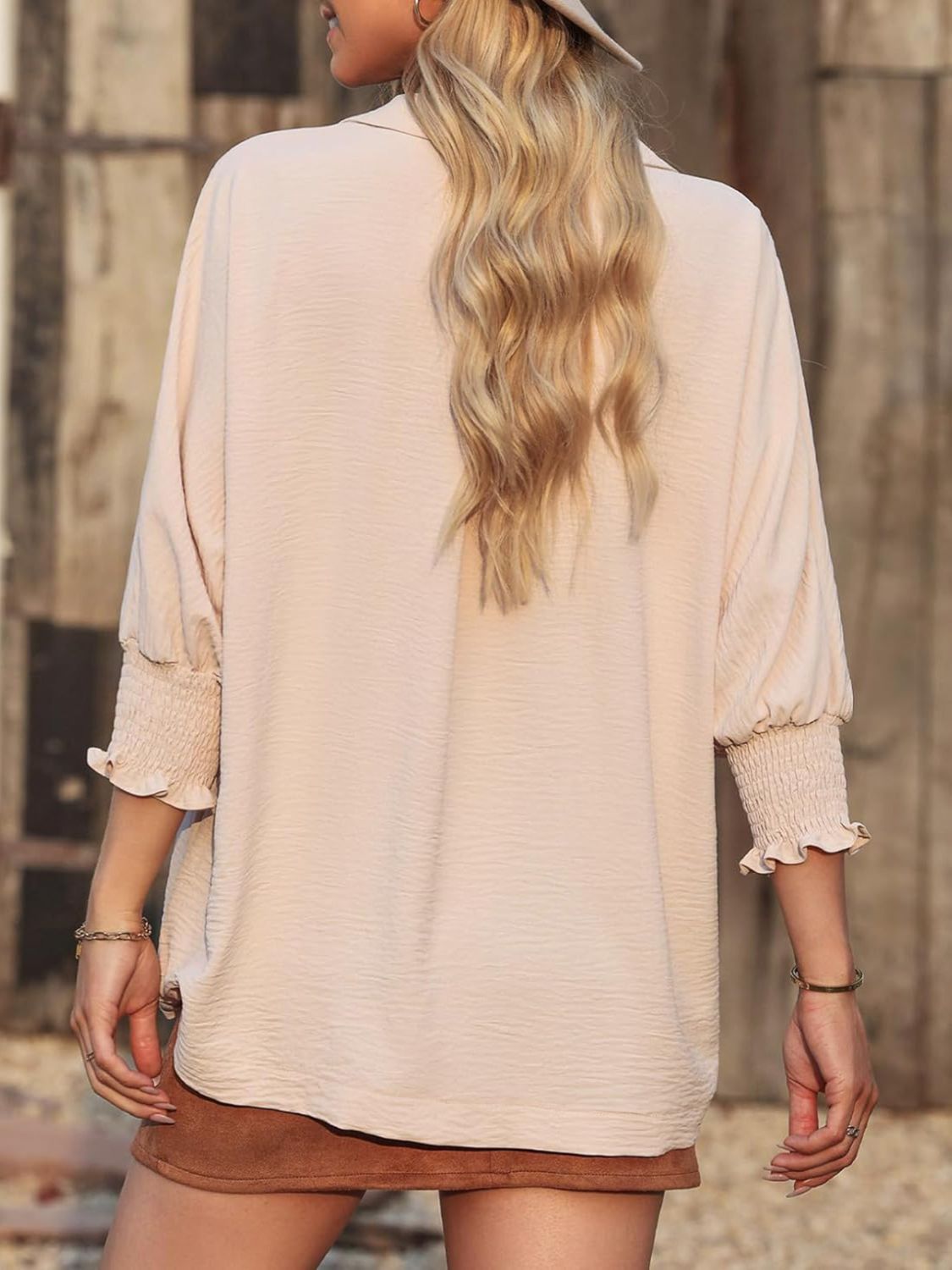 Johnny Collar Three-Quarter Sleeve Blouse