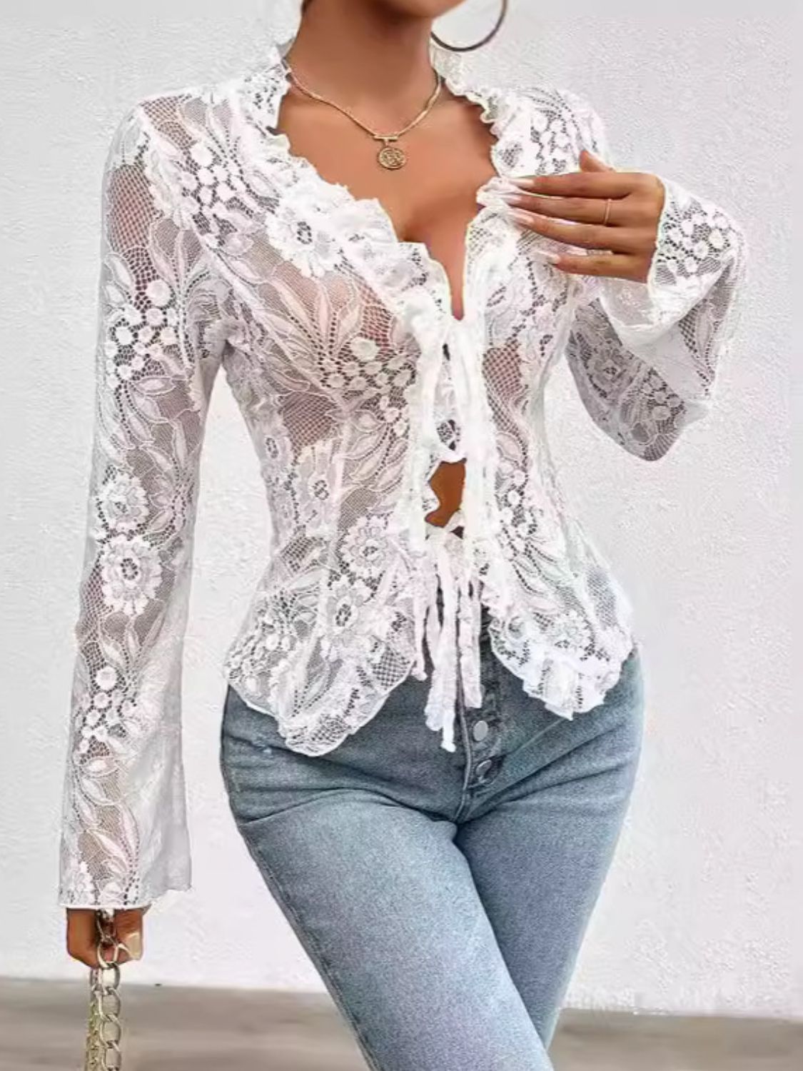 Tied V-Neck Long Sleeve Lace Top