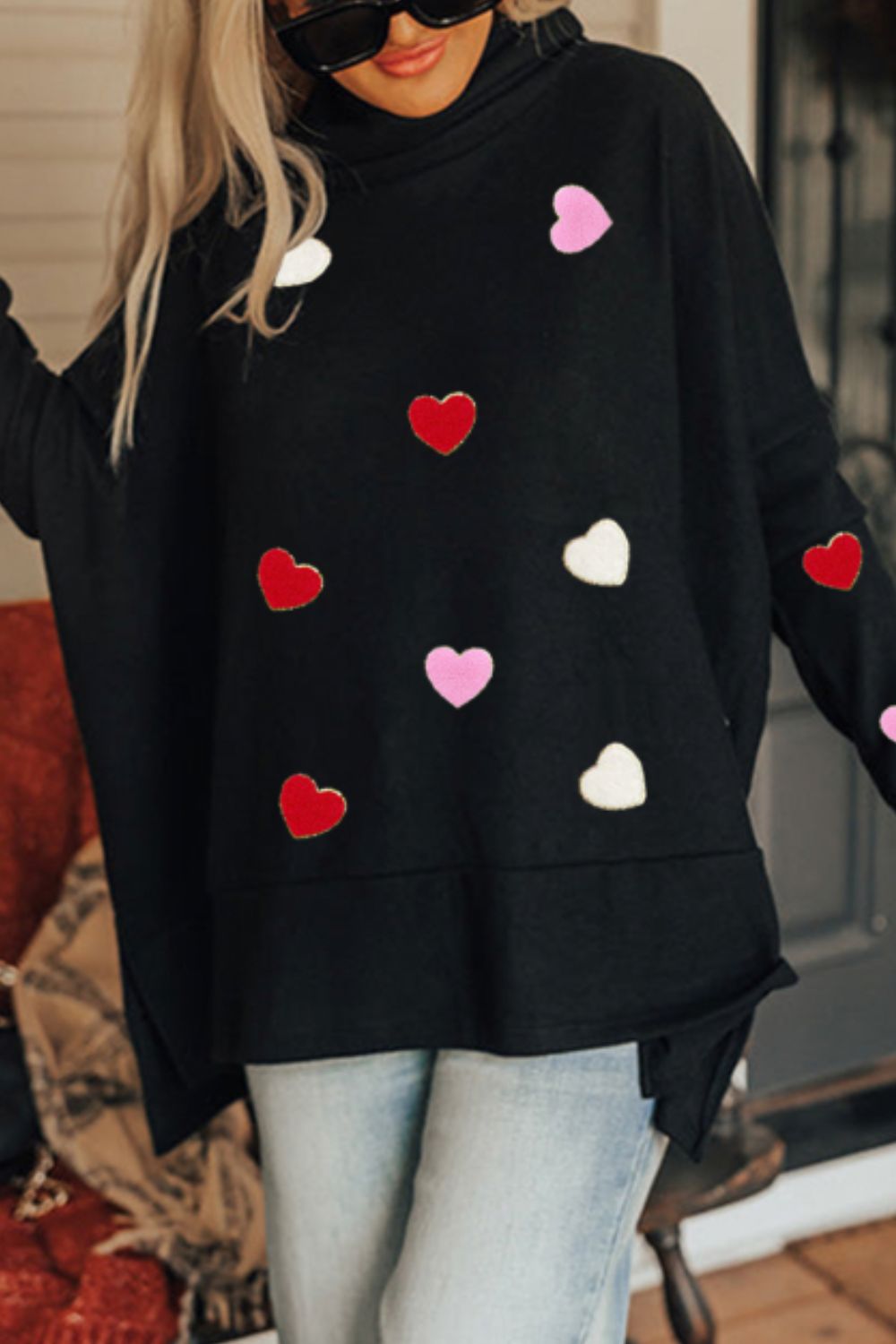 Valentine’s Day Heart Patched Turtleneck Long Sleeve Top