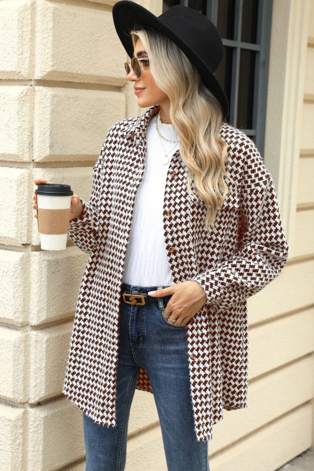 Houndstooth Button Up Dropped Shoulder Coat