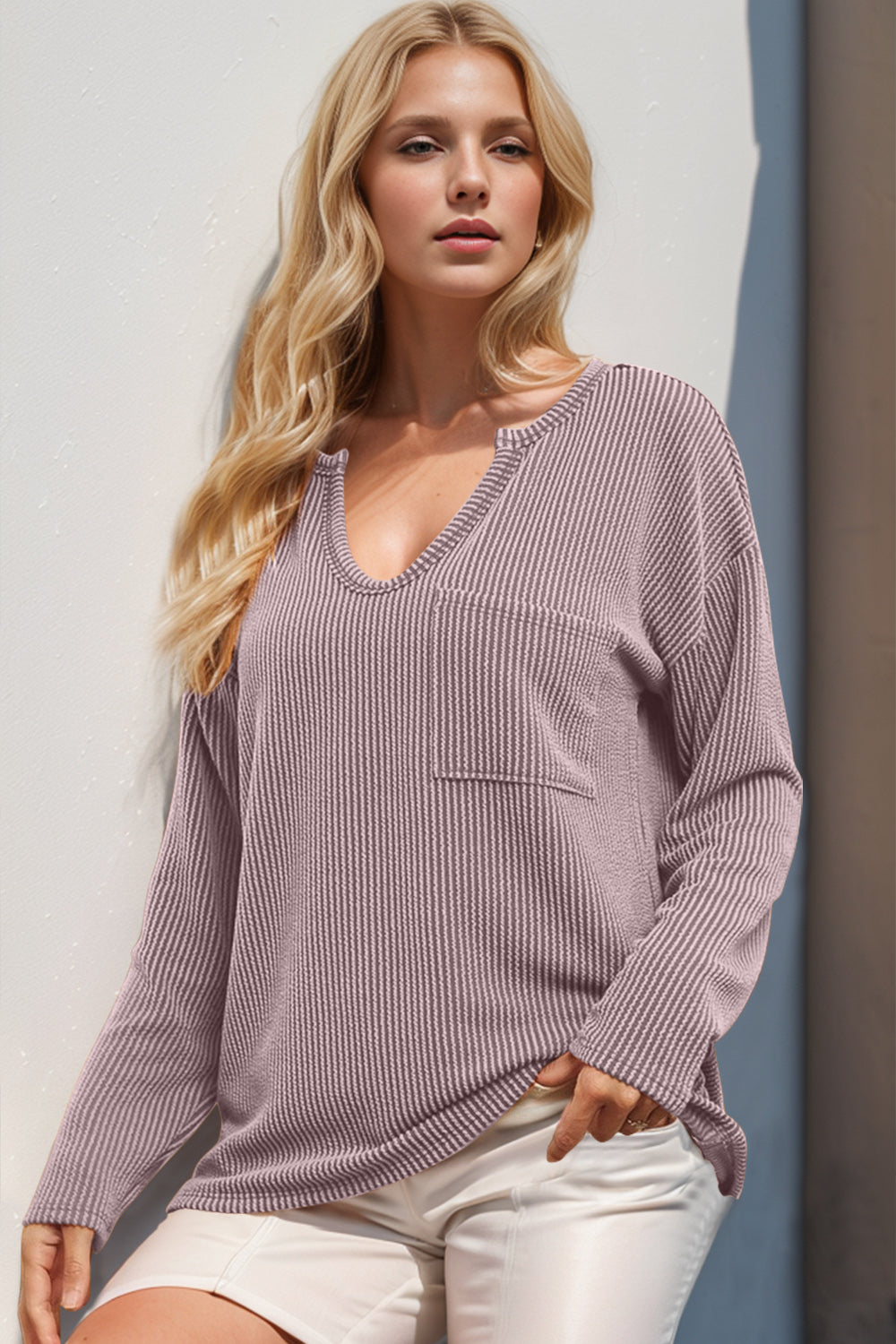 Double Take Striped Notched Long Sleeve T-Shirt