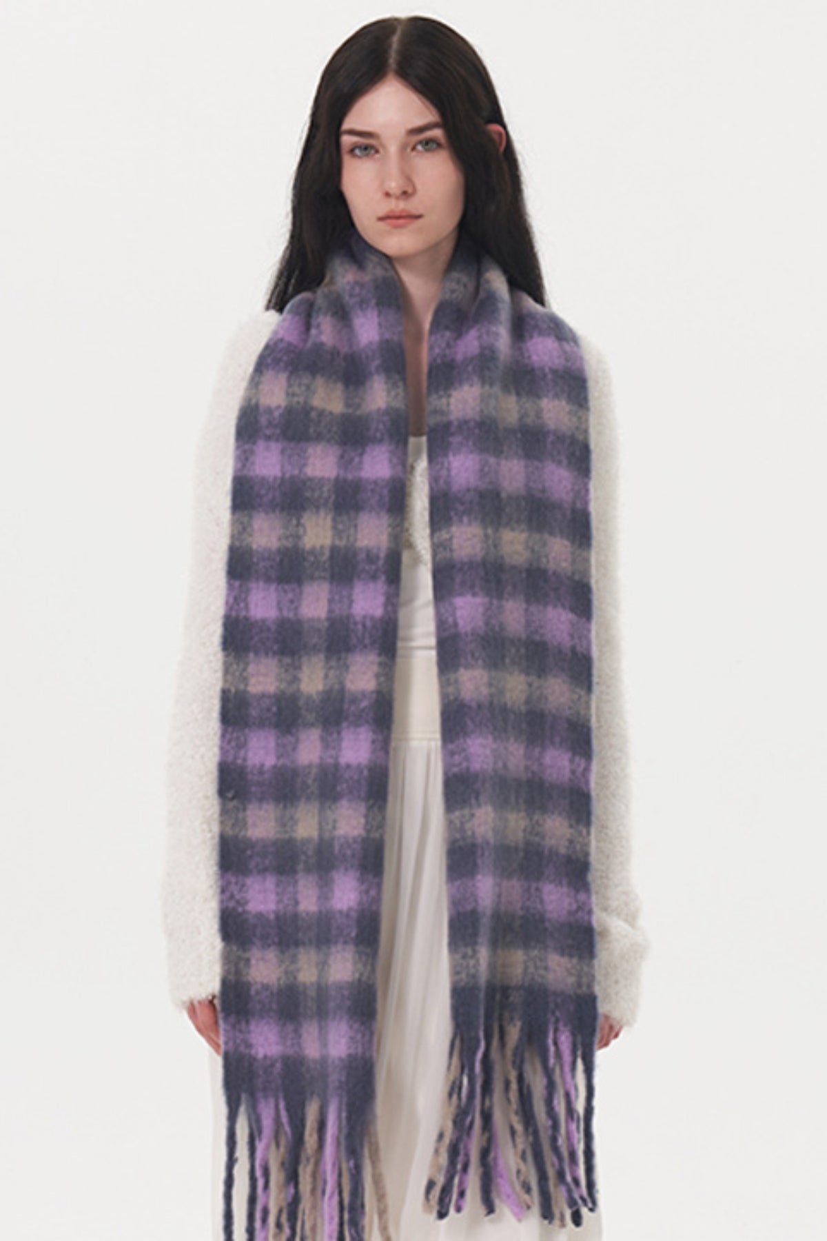 Fringe Plaid Polyester Scarf