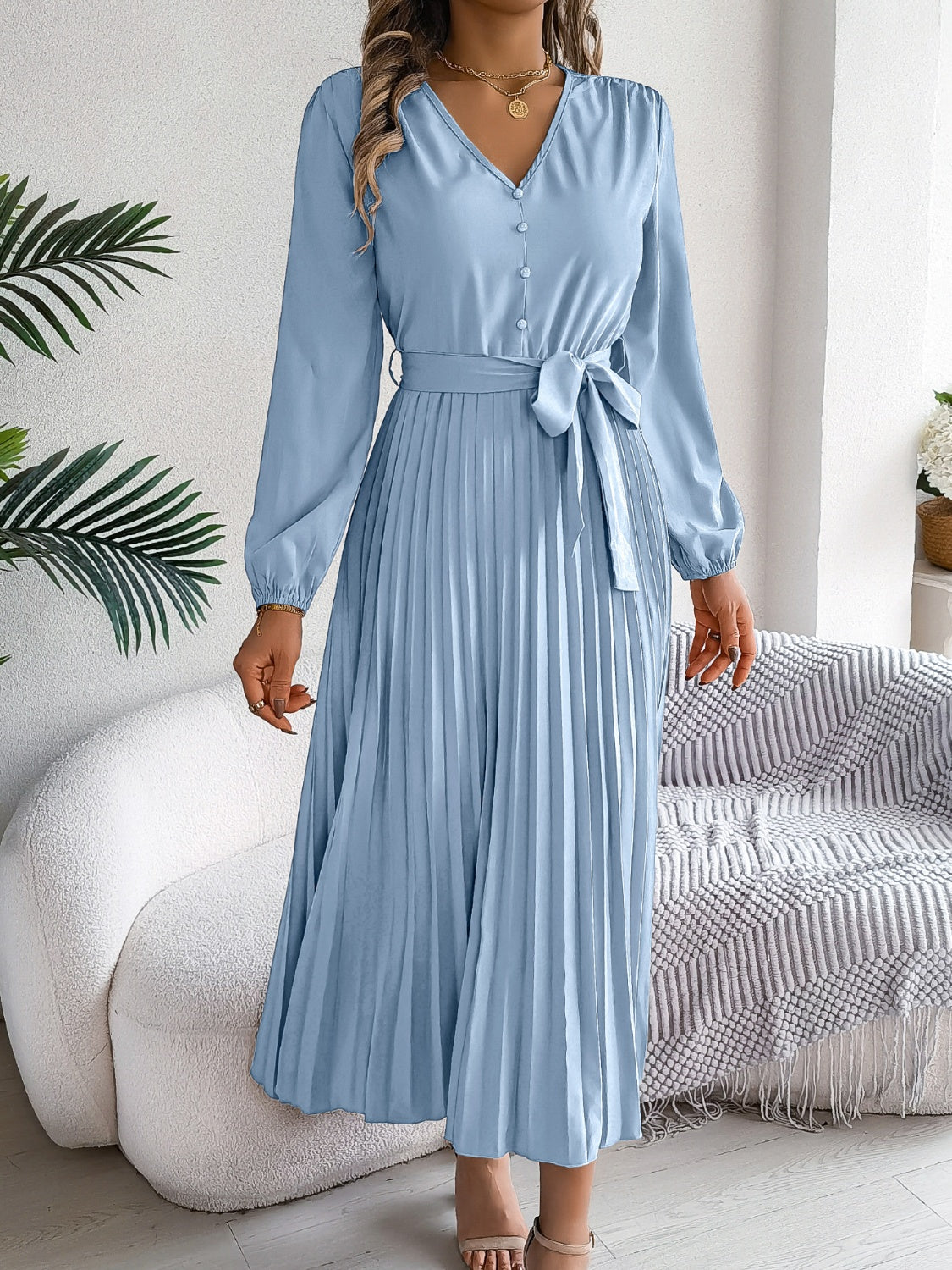 Pleated Tied V-Neck Long Sleeve Dress