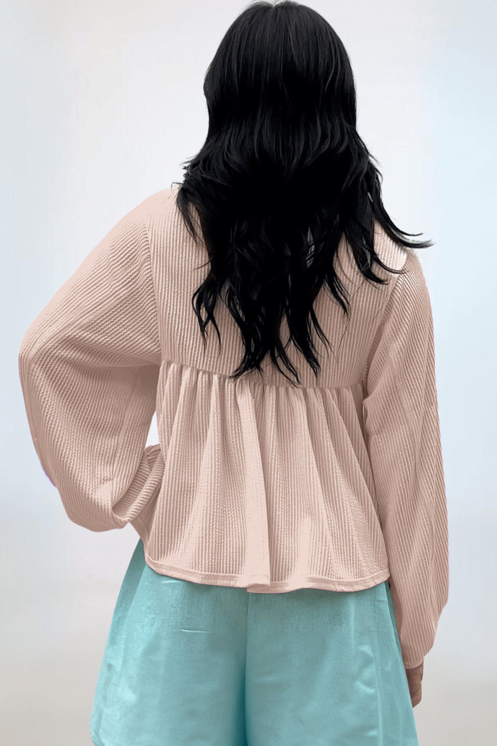 Corded Johnny Collar Long Sleeve Babydoll Blouse